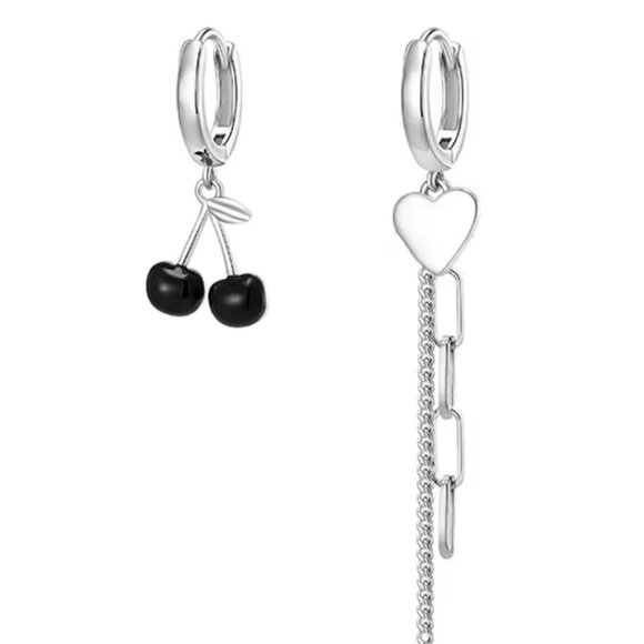 Jewelry - 925 Silver Black Cherry & Heart Chain Hoop Earrings